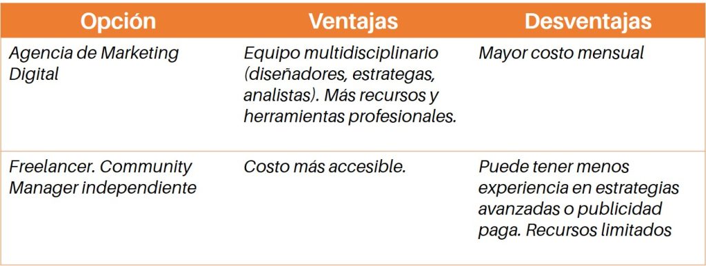 Cuadro comparativo de ventajas y desventajas entre una agencia de marketing digital y un freelancer